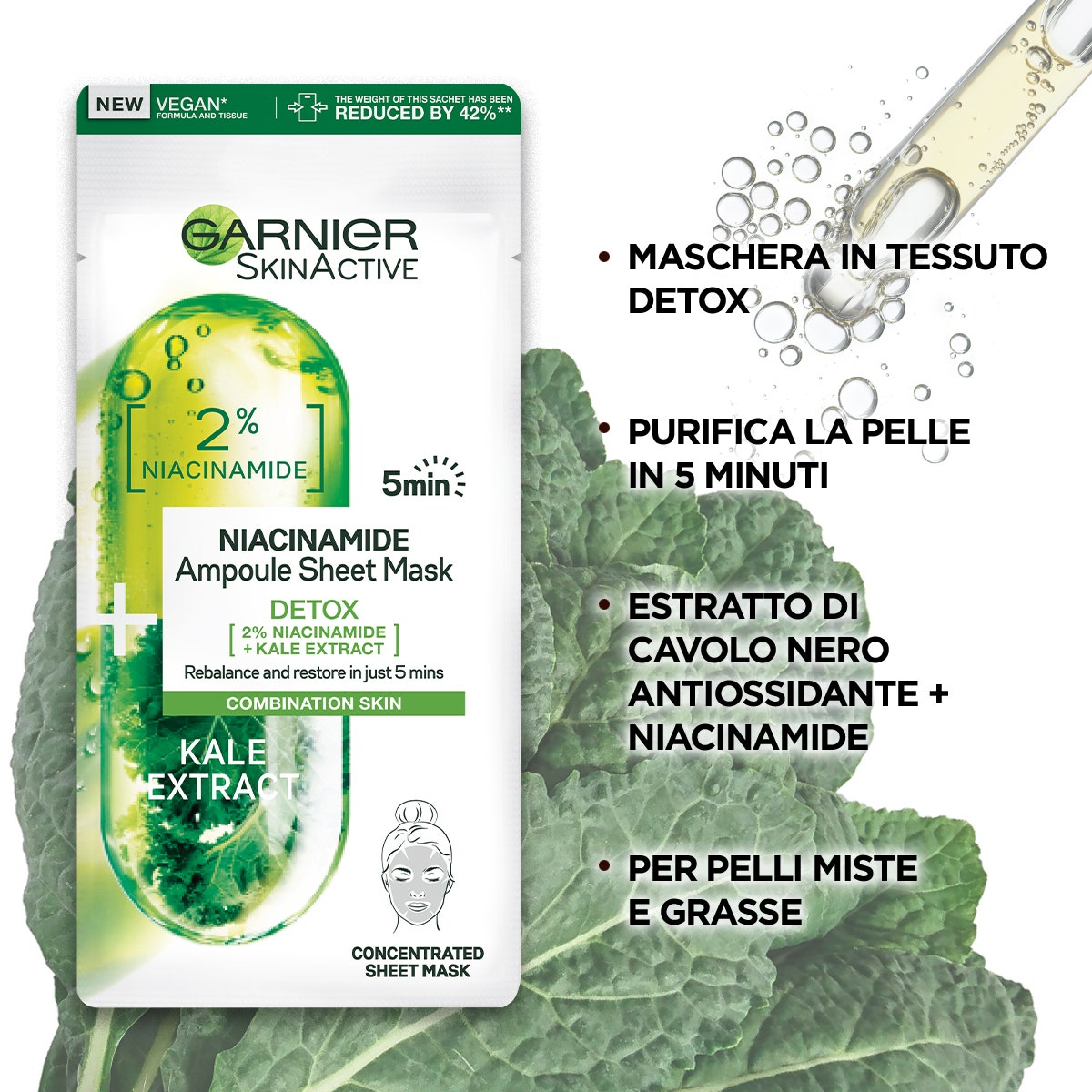 Garnier Maschera In Tessuto Ampolla Detox Estratto Cavolo Nero/Niacinamide 1 Pezzo