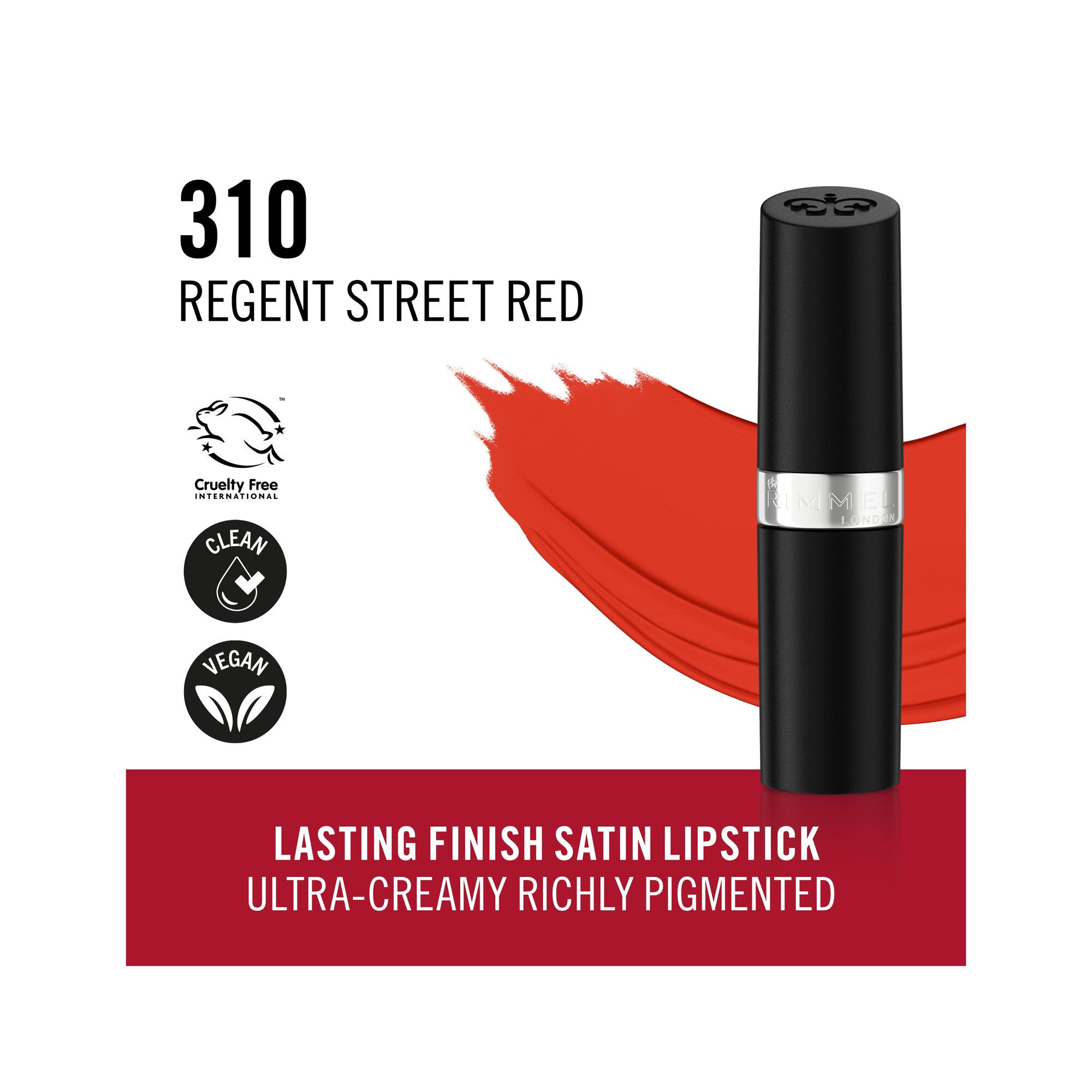 Rimmel Lasting Finish, pintalabios satinado hidratante, fórmula vegana, 4 g, 310 Regent Street Red