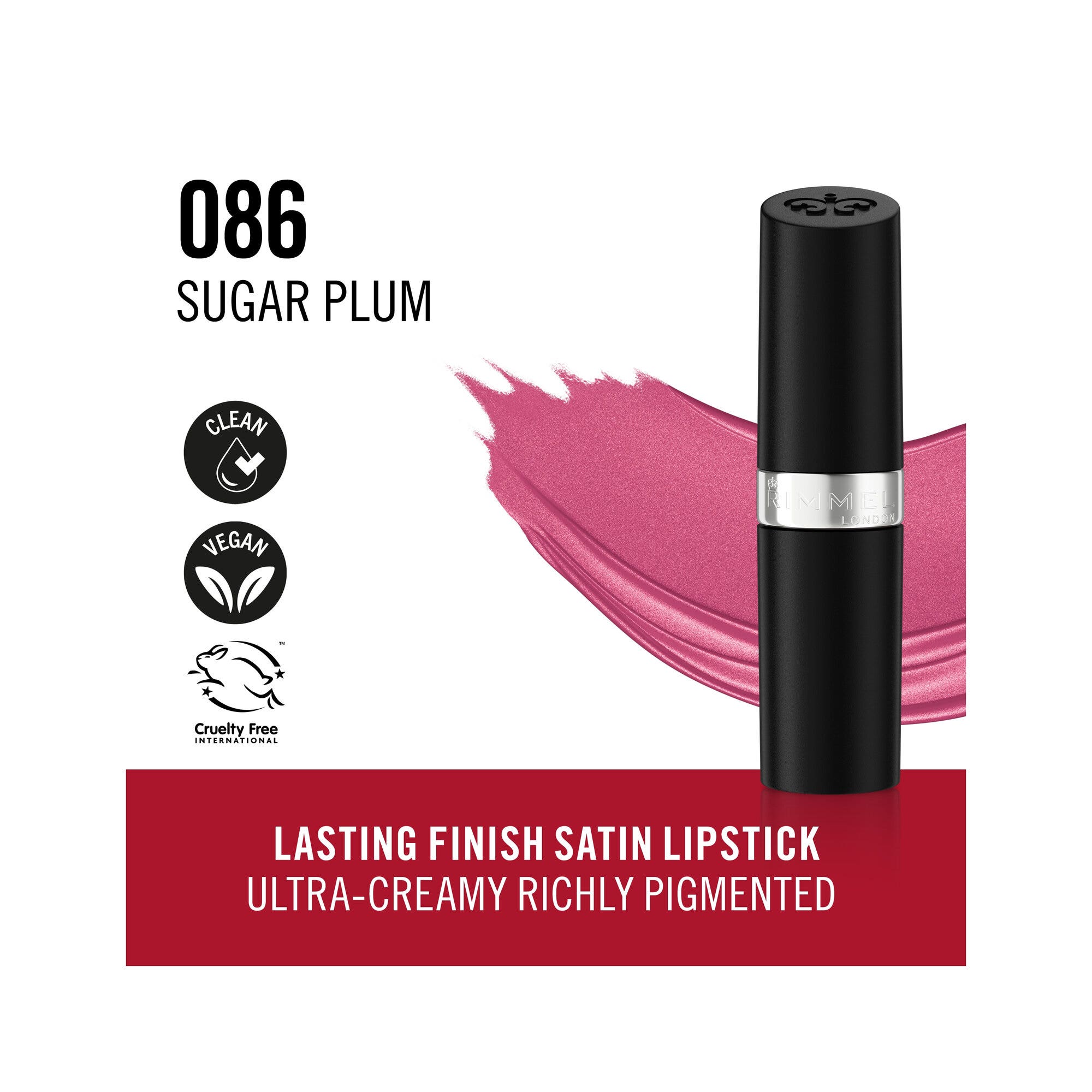 Rimmel Lasting Finish Barra de labios satinada hidratante Fórmula vegana 4 g 086 Sugar Plum