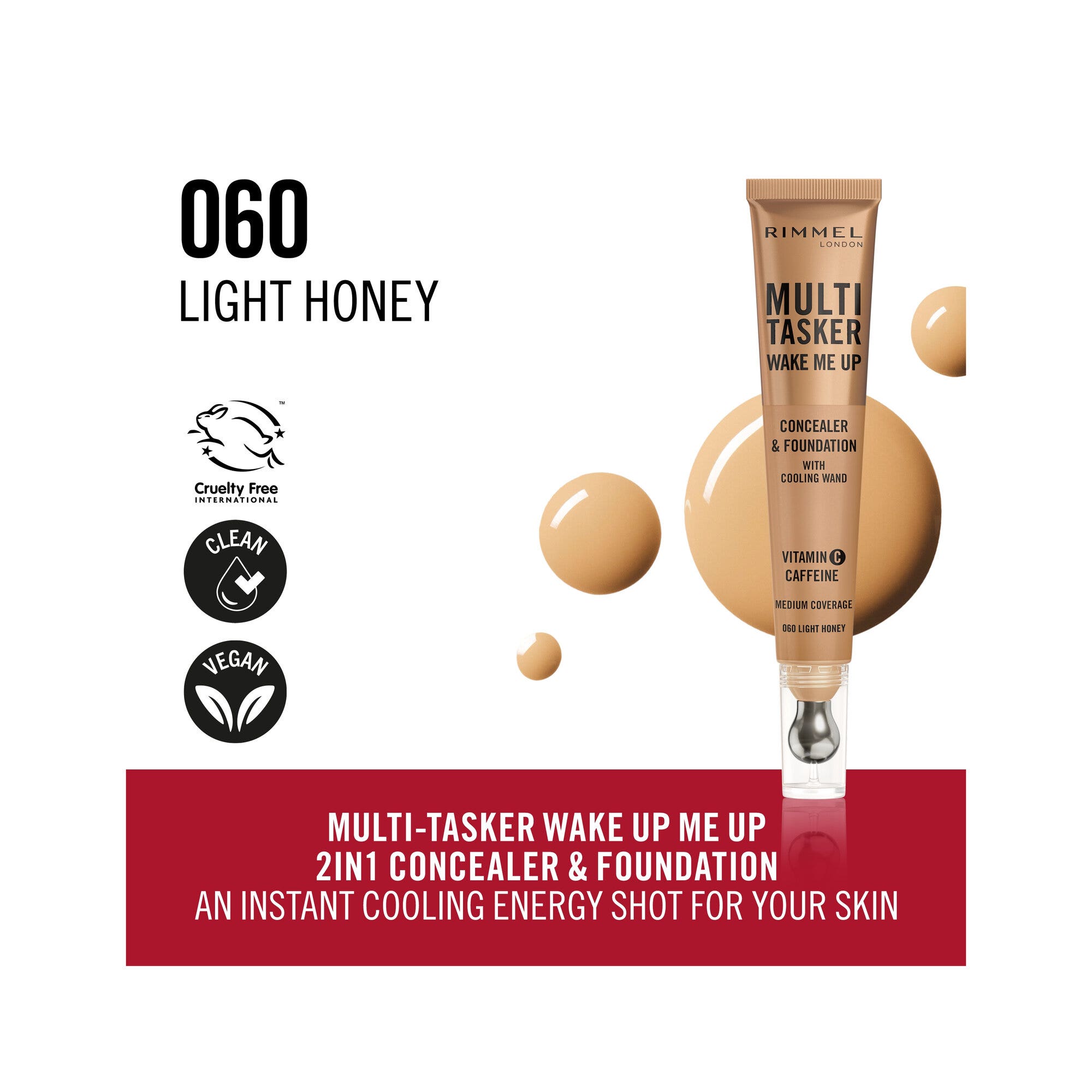 Rimmel Multi-tasker Wake Me Up Corrector y Base de Maquillaje Fórmula Vegana 060 Light Honey 20 ml