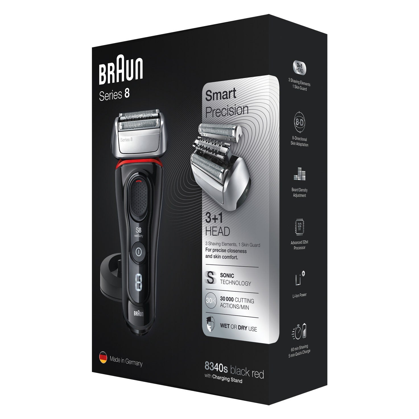 Braun Rasoio Series 8 Wet&Dry 8340s Con Base Di Ricarica E Custodia Da Viaggio Nero/Rosso