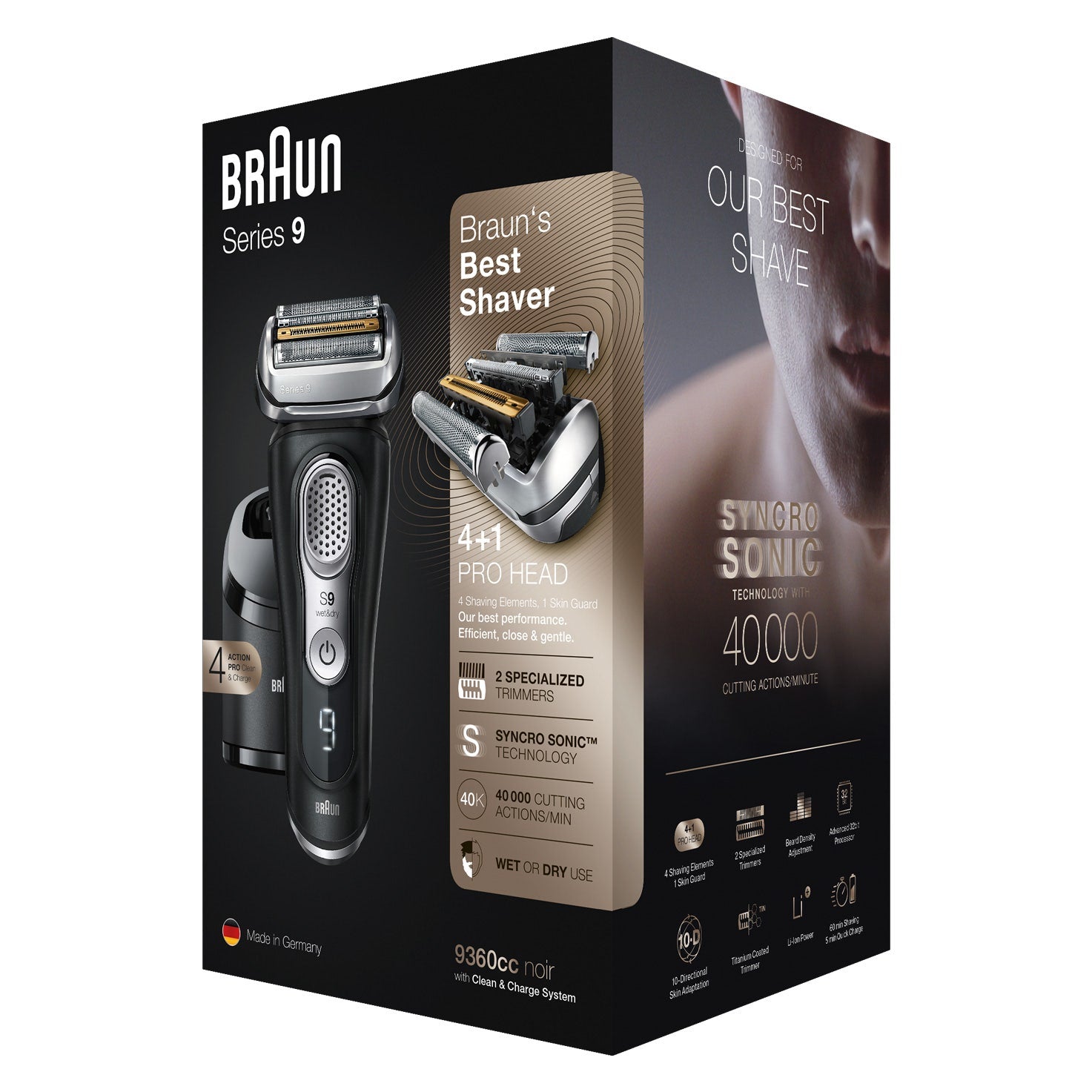 Braun Rasoio Series 9 Wet&Dry 9360cc Con Stazione Di Pulizia Clean&Charge E Custodia Da Viaggio Nero