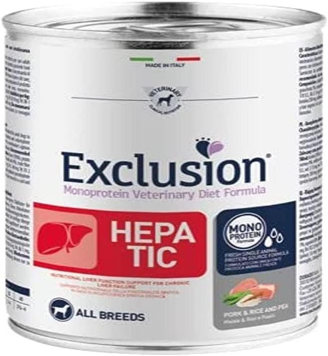 Exclusion Monoprotein Veterinary Formula Hepatic Comida húmeda de cerdo, arroz y guisantes para perros, 200 g