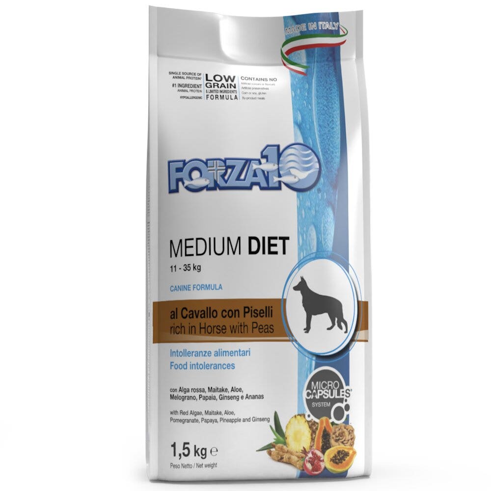 Forza10 Croquetas Dietéticas Medianas de Caballo y Guisantes para Perros Medianos Bolsa 1,5kg-3