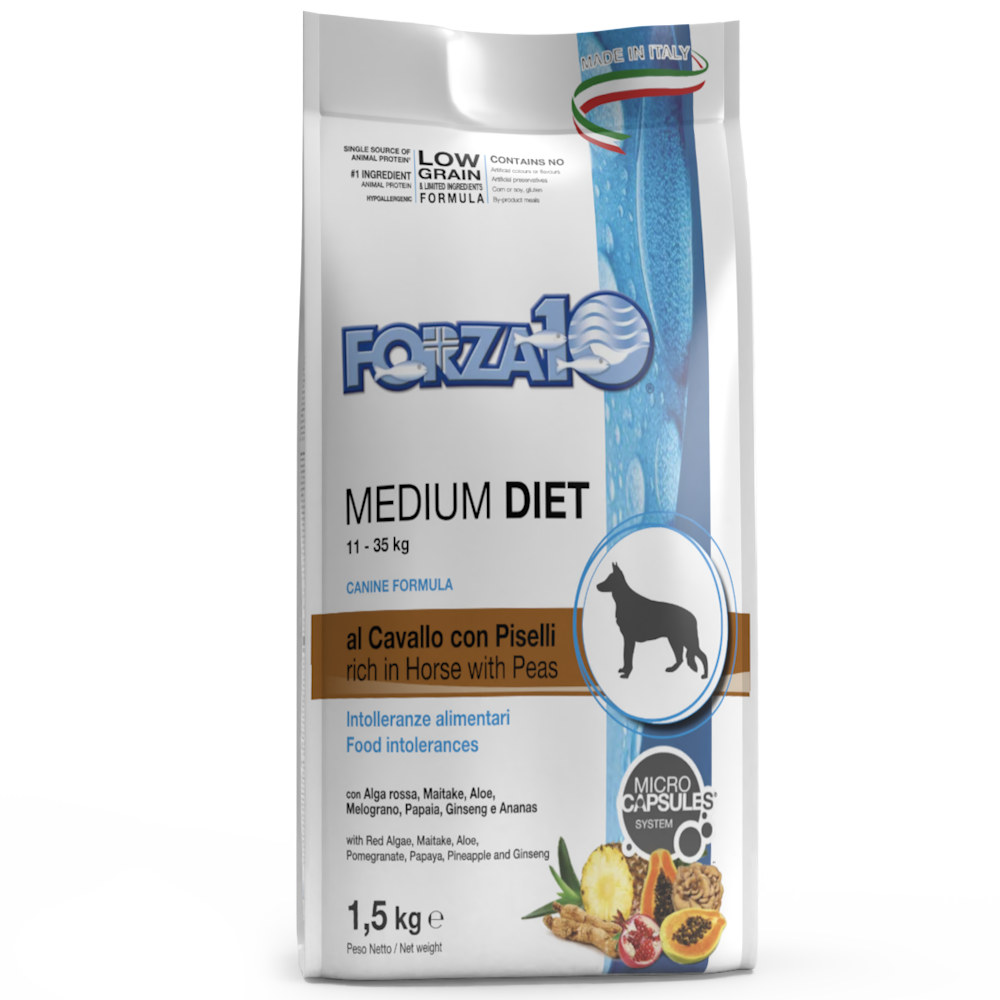 Forza10 Croquetas Dietéticas Medianas de Caballo y Guisantes para Perros Medianos Bolsa 1,5kg-1