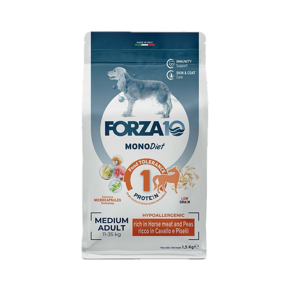 Forza10 Croquetas Dietéticas Medianas de Caballo y Guisantes para Perros Medianos Bolsa 1,5kg-1