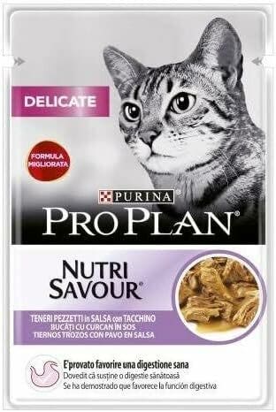 Purina Pro Plan Delicate Nutri Savour Trozos en salsa con pavo para gatos adultos, bolsa de 85 g