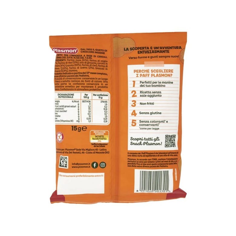 Plasmon Paff Anillos de brócoli y zanahoria 12M+ 15 g