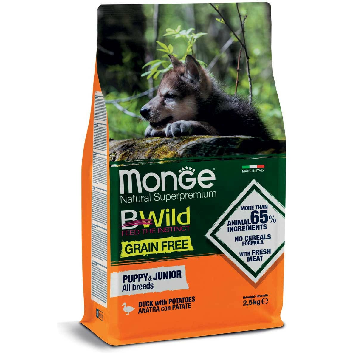 Monge B Wild Grain Free Pato Con Patatas Alimento Seco Para Perros Cachorros Bolsa 2,5 Kg-1