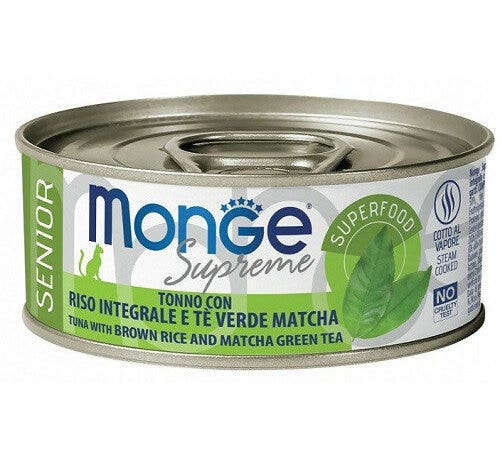 Monge Supreme Comida húmeda de atún con arroz integral/té verde matcha para gatos senior, lata de 80 g