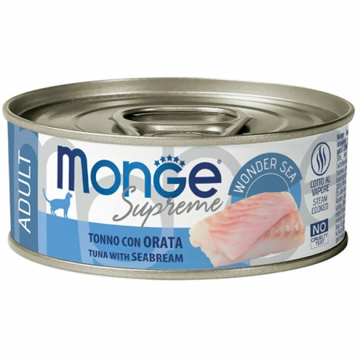 Monge Supreme Comida húmeda de atún con calamares para gatos esterilizados, lata de 80 g