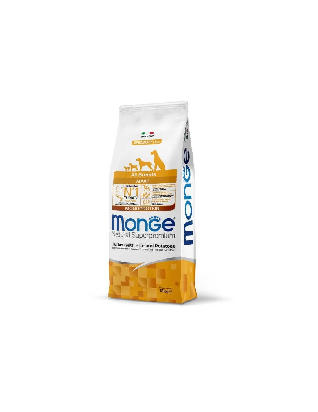 Monge Natural Superpremium Monoprotein Pienso seco de pavo, arroz y patatas para perros adultos de todos los tamaños, saco de 12 kg