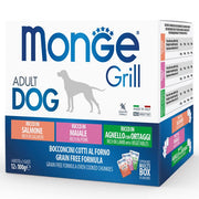 Monge Grill Adult Multibox Mix Salmón Cerdo Cordero Comida húmeda para perros adultos 12 sobres