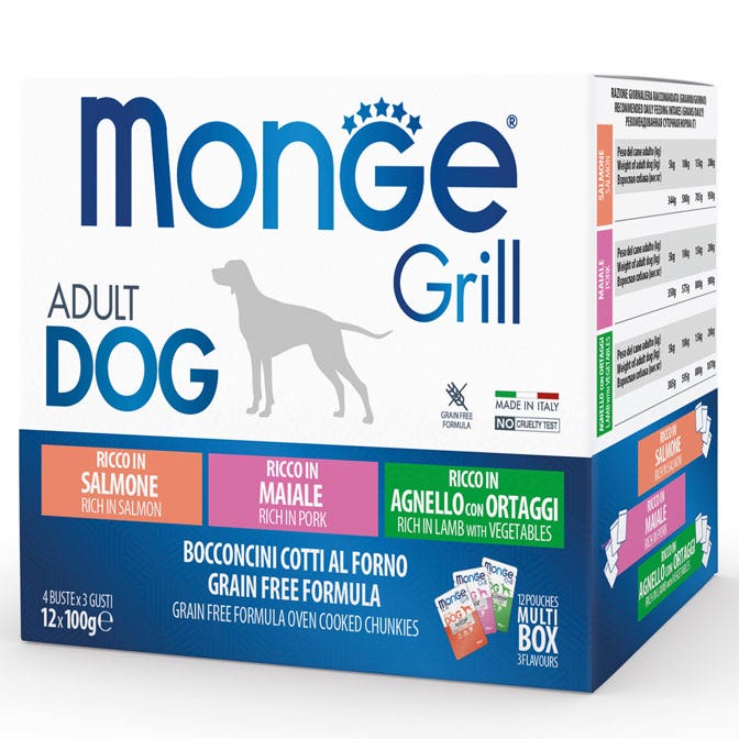Monge Grill Adult Multibox Mix Salmón Cerdo Cordero Comida húmeda para perros adultos 12 sobres