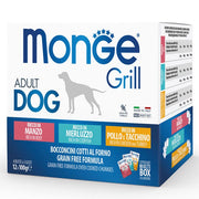 Monge Grill Adult Multibox Mix de ternera, bacalao, pollo y pavo para perros adultos, 12 sobres