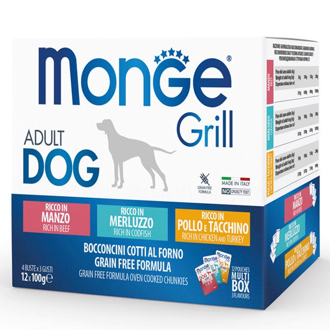Monge Grill Adult Multibox Mix de ternera, bacalao, pollo y pavo para perros adultos, 12 sobres