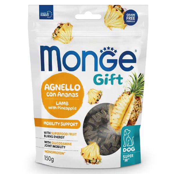 Monge Gift Mobility Snack para perros adultos de cordero y piña 150 g
