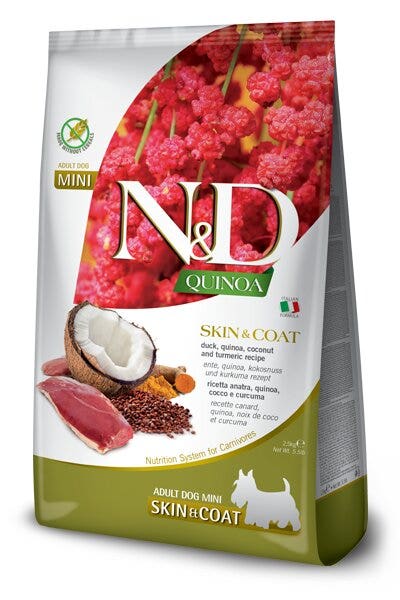 Farmina N&D Quinoa Dog Skin&Coat Pato, Coco y Cúrcuma para perros adultos, tamaño mini, saco de 2,5 kg