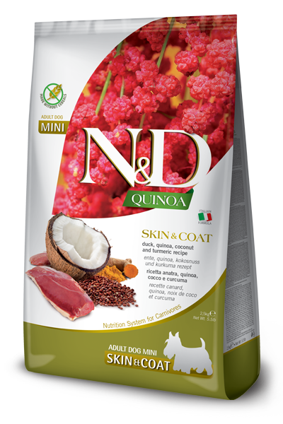 Farmina N&D Quinoa Dog Skin&Coat Pato, Coco y Cúrcuma para perros adultos, tamaño mini, saco de 2,5 kg