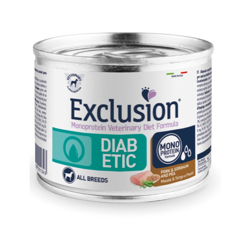 Exclusion Monoprotein Veterinary Diet Fórmula para Diabéticos, Comida Húmeda de Cerdo/Sorgo/Guisantes para Perros Adultos, 200 g
