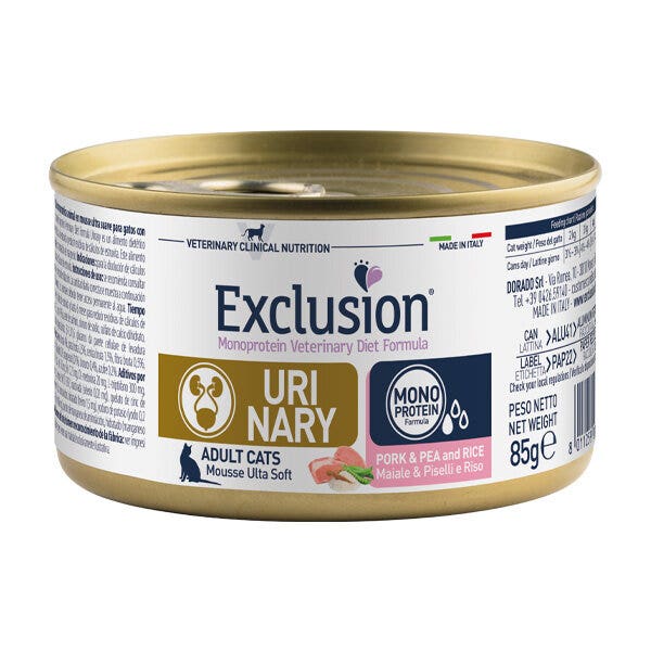 Exclusion Monoprotein Veterinary Diet Formula Urinary Cerdo, Guisantes y Arroz Comida húmeda para gatos 85 g
