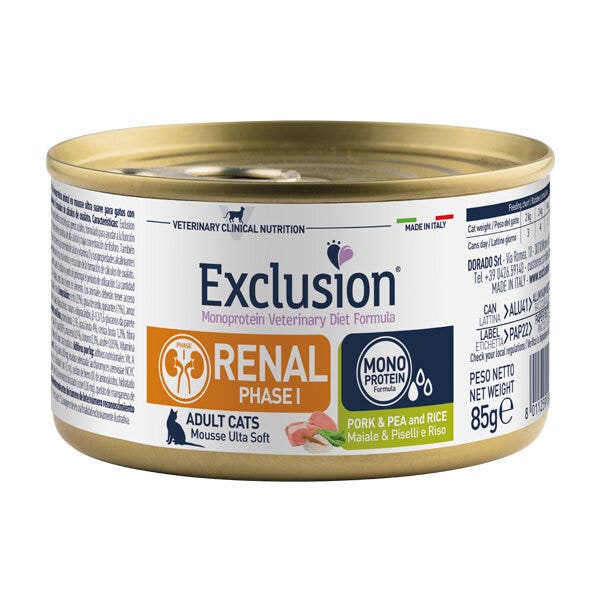 Exclusion Monoprotein Veterinary Diet Formula Renal Phase I Cerdo, Guisantes y Arroz, Comida húmeda para gatos, 85 g