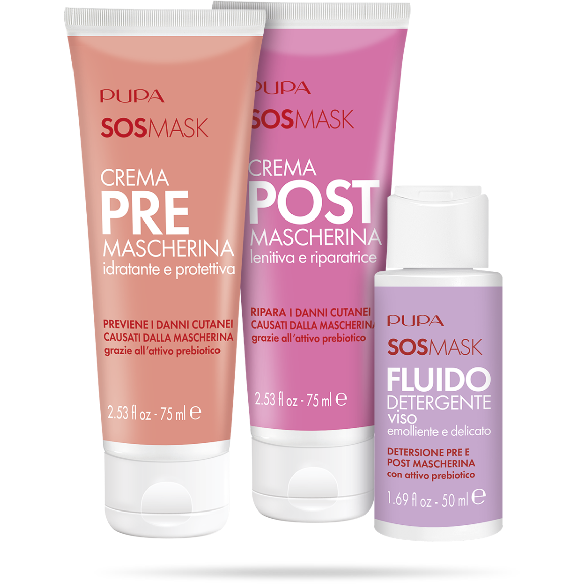 Kit Sos Mask Crema Pre Mascherina 75ml + Crema Post Mascherina 75ml + Fluido Detergente 50ml