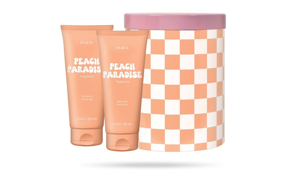 Pupa Happy Box Kit Peach Paradise Gel de ducha exfoliante 200 ml + Leche corporal 200 ml