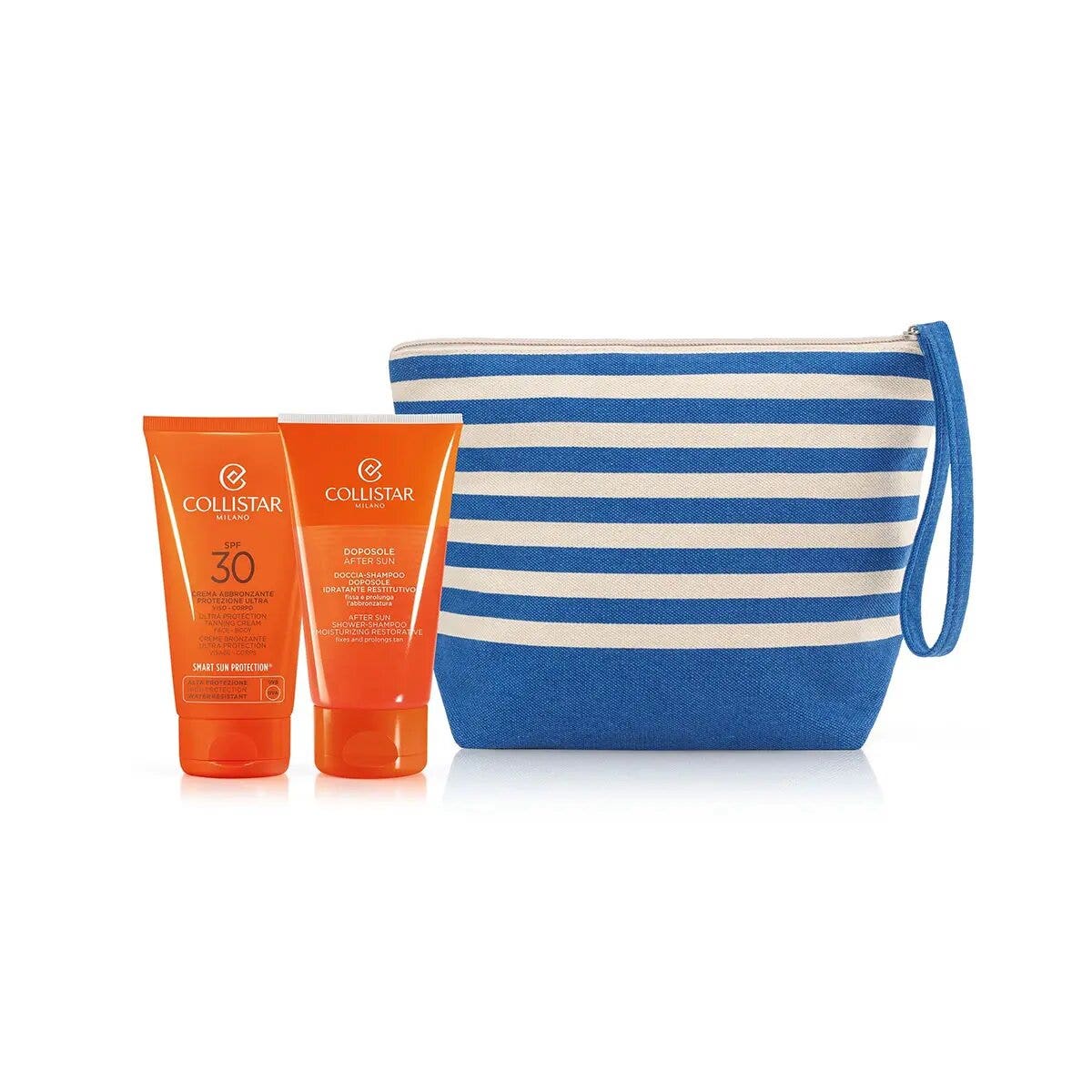 Collistar Set de Crema Bronceadora para Rostro y Cuerpo SPF30 150 ml + Champú y Gel de Ducha 150 ml + Bolso de mano
