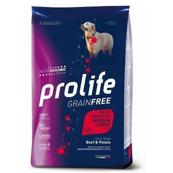 Prolife Grain Free Adult Sensitive Beef & Potato, pienso seco para perros de tamaño mediano/grande, saco de 2,5 kg