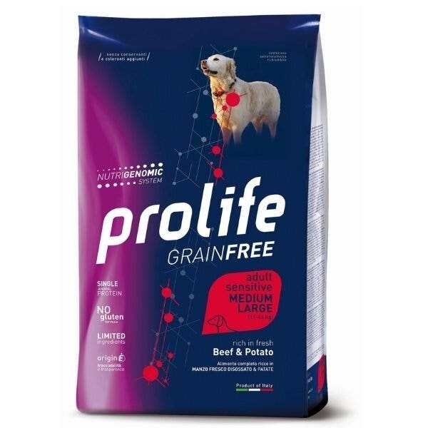 Prolife Grain Free Adult Sensitive Beef & Potato, pienso seco para perros de tamaño mediano/grande, saco de 2,5 kg