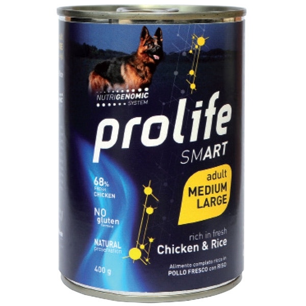 Prolife Smart Pollo fresco con arroz, comida húmeda para perros adultos de tamaño mediano/grande, lata de 400 g