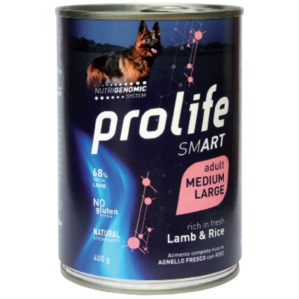 Prolife Smart Cordero Fresco con Arroz - Comida húmeda para perros adultos de tamaño mediano/grande - Lata de 400 g