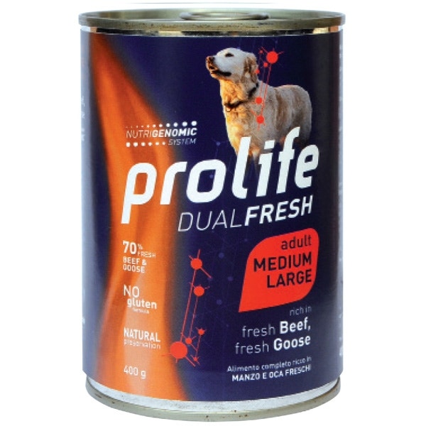 Prolife Dual Fresh Carne de ternera y oca frescas. Comida húmeda para perros adultos de tamaño mediano/grande. Lata de 400 g