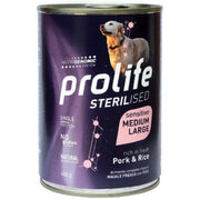 Prolife Sterilised Cerdo Fresco con Arroz, comida húmeda para perros adultos de tamaño mediano/grande, lata de 400 g