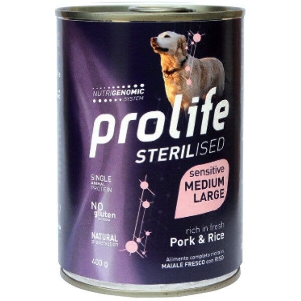 Prolife Sterilised Cerdo Fresco con Arroz, comida húmeda para perros adultos de tamaño mediano/grande, lata de 400 g
