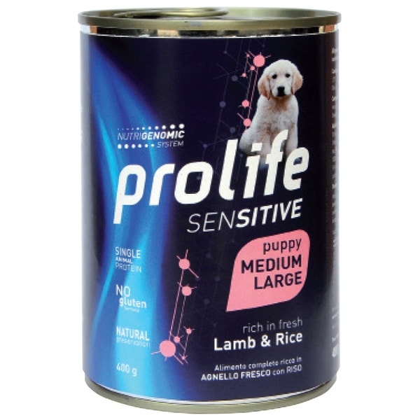 Prolife Sensitive Cordero fresco con arroz, comida húmeda para cachorros de tamaño mediano/grande, lata de 400 g
