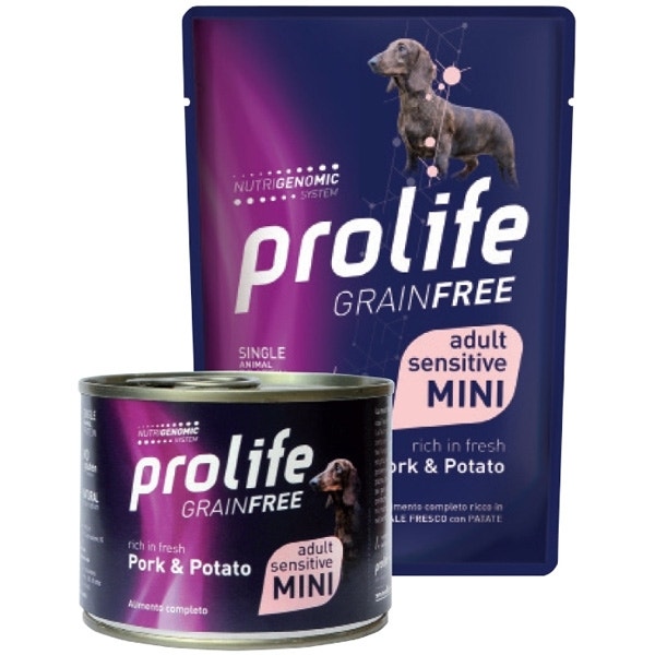 Prolife Grain Free Cerdo con Patatas Comida húmeda para perros adultos Tamaño mini Bolsita de 100 g