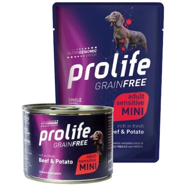 Prolife Grain Free Carne de ternera fresca con patatas. Comida húmeda para perros adultos de tamaño mini. Lata de 200 g