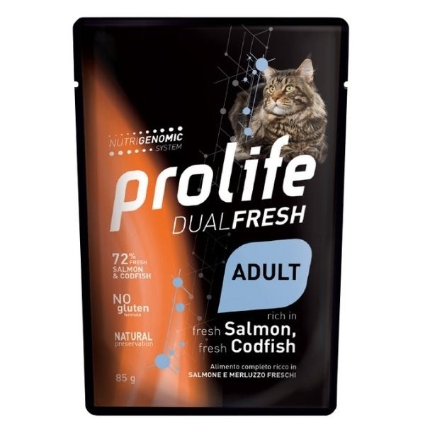 Prolife Dual Fresh Salmón y bacalao frescos. Comida húmeda para gatos adultos. Sobres de 85 g
