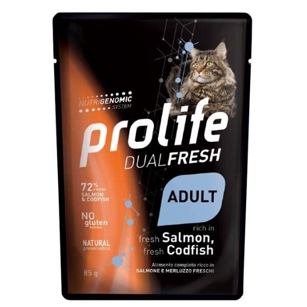 Prolife Dual Fresh Salmón y bacalao frescos. Comida húmeda para gatos adultos. Sobres de 85 g