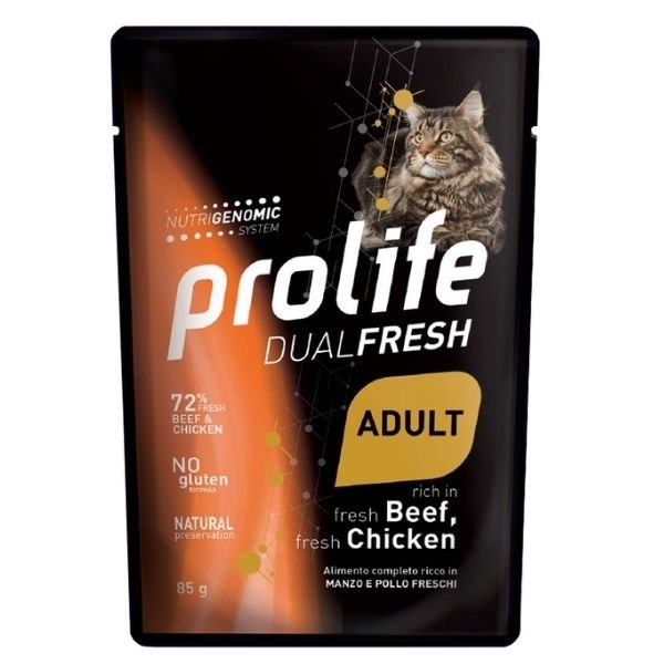 Prolife Dual Fresh Carne de ternera y pollo frescos Comida húmeda para gatos adultos Sobres de 85 g