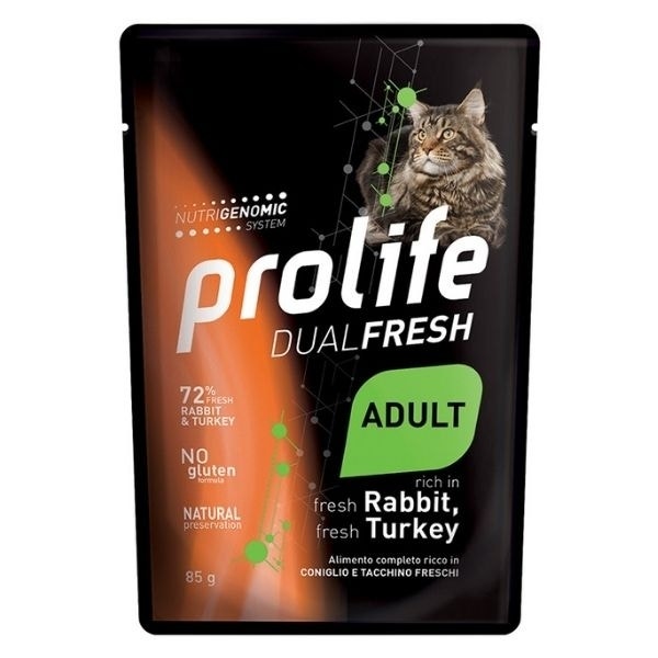 Prolife Dual Fresh Conejo y Pavo Frescos Comida húmeda para gatos adultos Sobres de 85 g