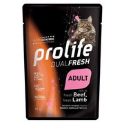 Prolife Dual Fresh Carne de ternera y cordero frescos. Comida húmeda para gatos adultos. Sobres de 85 g