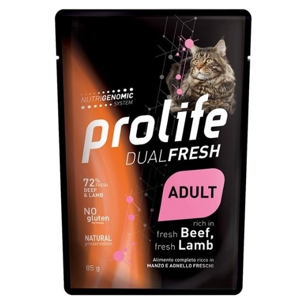 Prolife Dual Fresh Carne de ternera y cordero frescos. Comida húmeda para gatos adultos. Sobres de 85 g