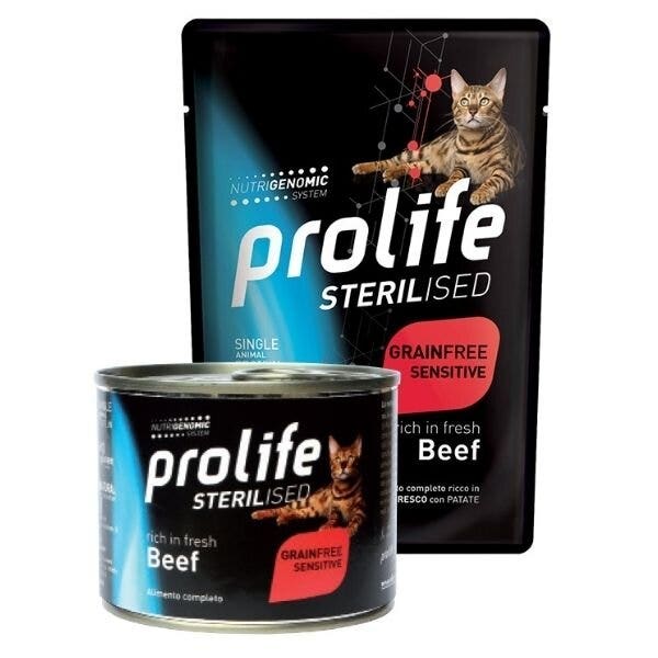 Prolife Sterilised Carne fresca de ternera y patatas. Comida húmeda para gatos adultos. Lata de 200 g