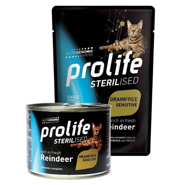 Prolife Sterilised: reno fresco y patatas, comida húmeda para gatos adultos, sobre de 85 g
