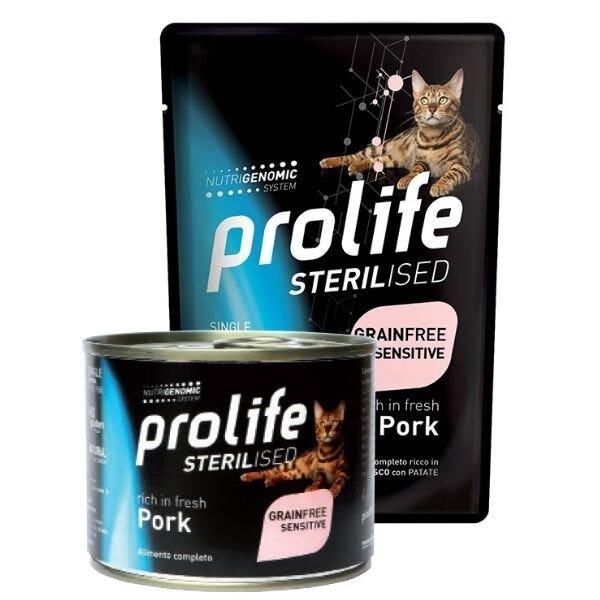 Prolife Sterilised: Comida húmeda para gatos adultos con cerdo fresco y patatas, en bolsita de 85 g