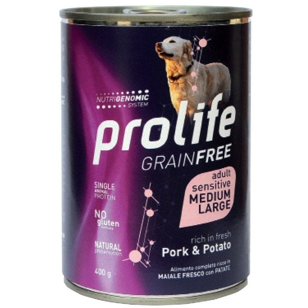 Prolife Grain Free Cerdo con Patatas Comida húmeda para perros adultos de tamaño mediano/grande Lata de 800 g