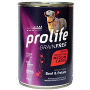 Prolife Grain Free Carne de ternera fresca con patatas, comida húmeda para perros adultos de tamaño mediano/grande, lata de 800 g